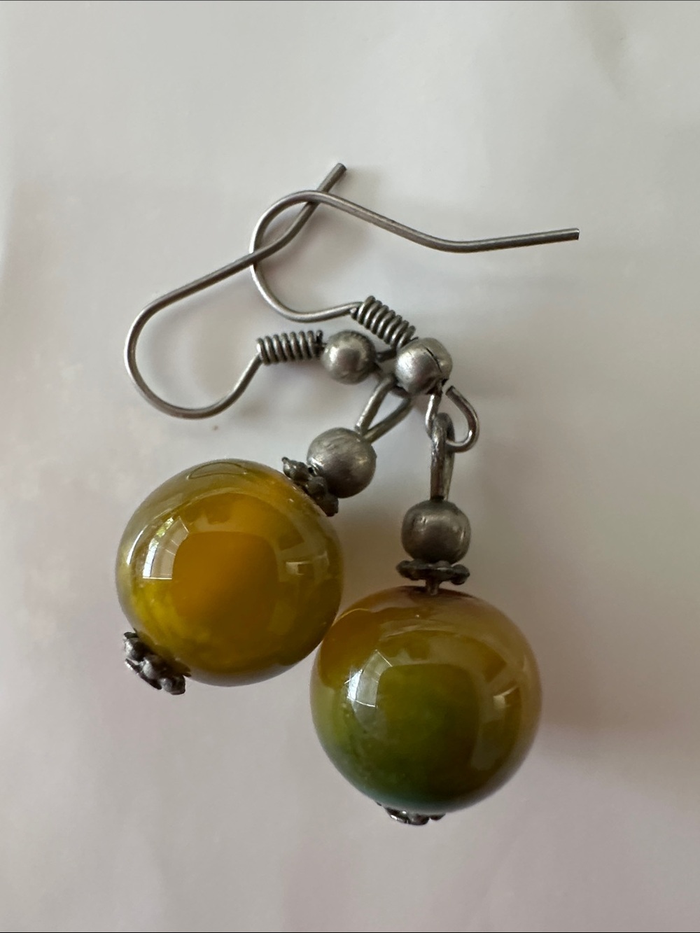 Olive Green Glass Bead Drop Earrings - Unbranded